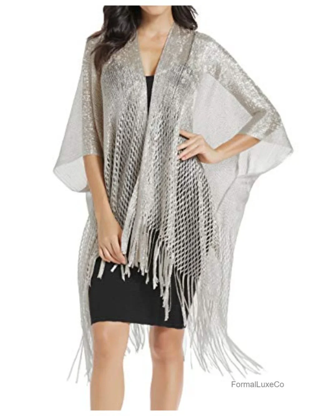 Sequin Shimmer Metallic Fringe Cape Wrap Evening Shawl Cardigan Formal Wedding